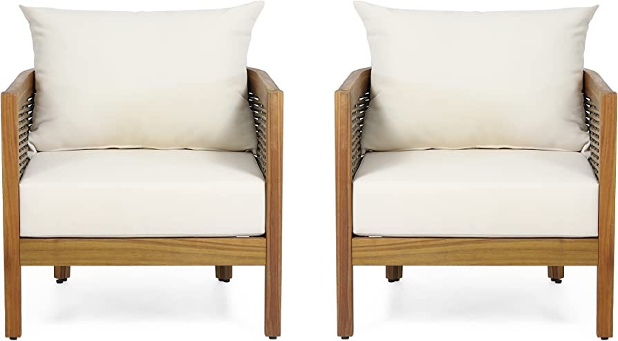 Christopher Knight Home Burchett Outdoor Acacia Wood Club Chairs with Cushions, Beige, Brown | Amazon (US)