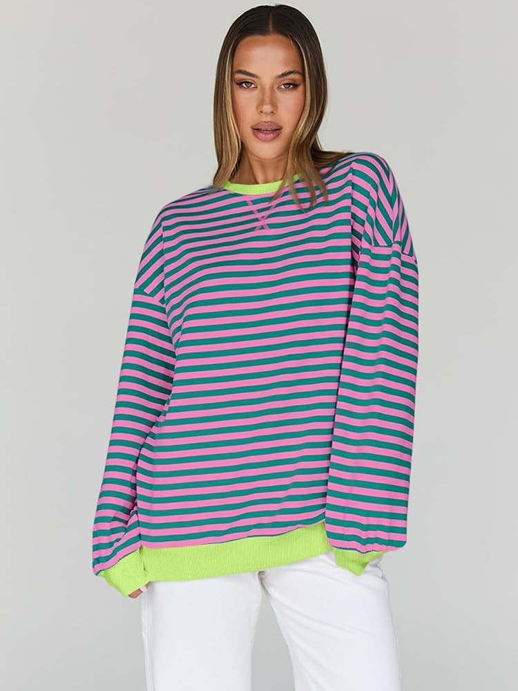 Trendy Queen Oversized Sweatshirt for Women 2025 Summer Crewneck Striped Long Sleeve Shirts Hoodi... | Amazon (US)