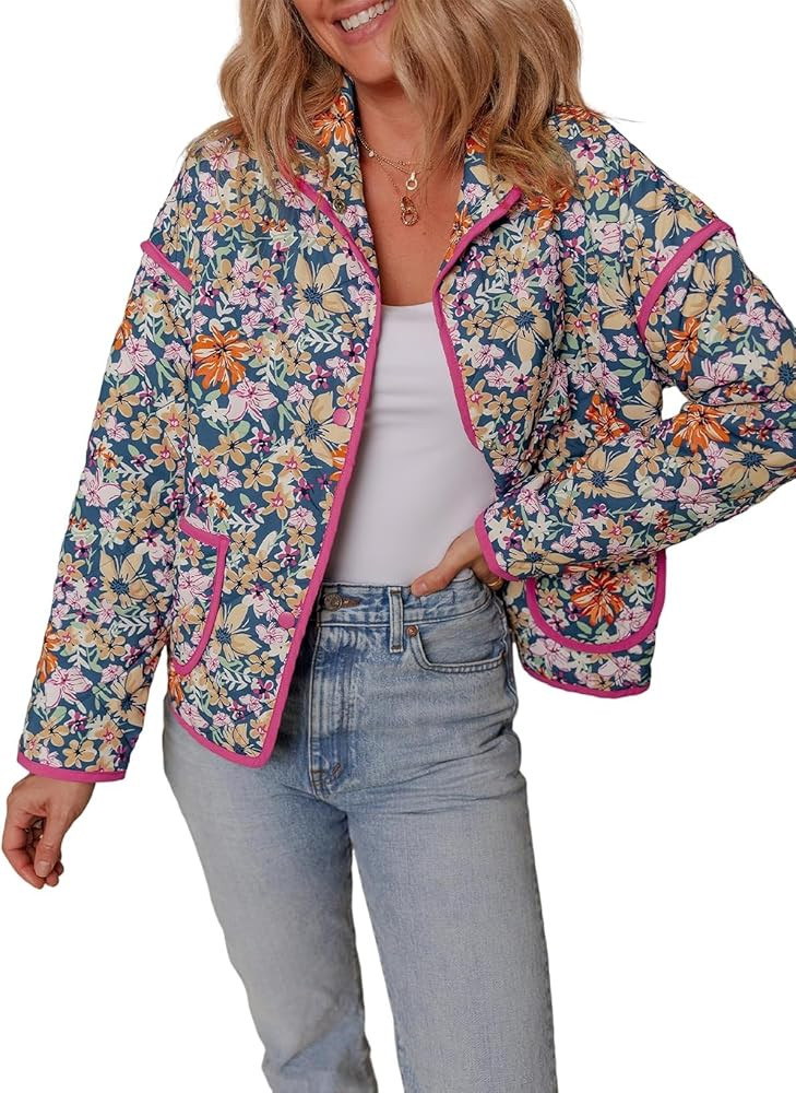 Womens Floral Quilted Jackets Lightweight Cropped Button Down Padded Puffer Jacket Winter Warm Co... | Amazon (US)