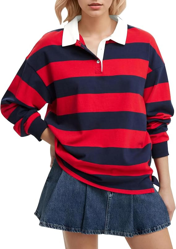 Meladyan Rugby Shirt Women Polo Striped Sweatshirt Oversized Long Sleeve Lapel V Neck Pullover To... | Amazon (US)