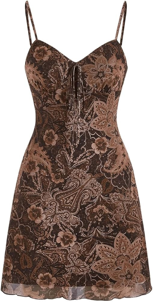 Floerns Women's Floral Print Tie Front Spaghetti Strap Vintage Cami Short Dress | Amazon (US)