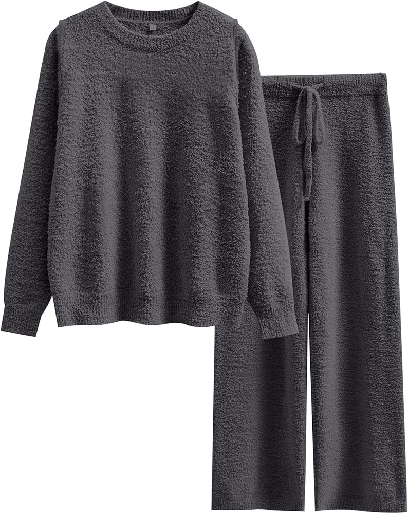 ANRABESS Women's Fuzzy Fleece Pajama Sets 2 Piece Outfits Long Sleeve Top Wide Leg Pants Lounge M... | Amazon (US)