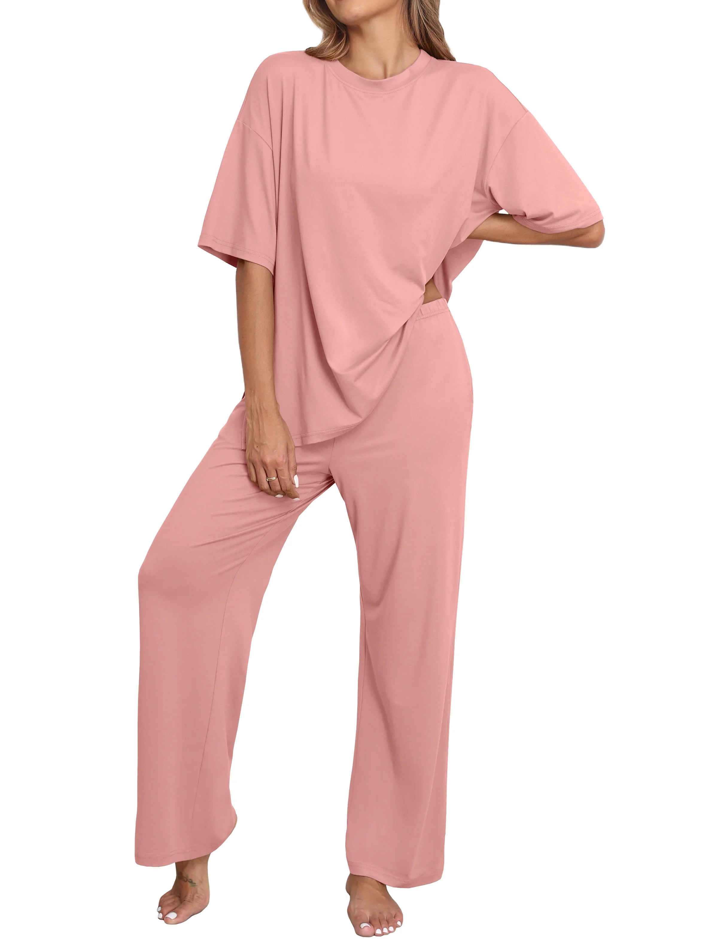 MINTREUS Lounge Sets for Women Knit Short Sleeve Tops and Long Pants Soft Comfy Pajamas Set Overs... | Walmart (US)