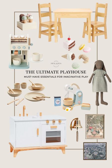 Playhouse essentials to create a whimsical and fun playhouse for little ones.

Wood table and chairs, kids table and chairs, wood toy food, handmade toy play food, felt play food, play kitchen, wood play kitchen, wood toy dishes, play dishes, play kitchen accessories, toy kitchen accessories, kids art, stuffed animals, Maileg rabbits 


#LTKkids #LTKhome