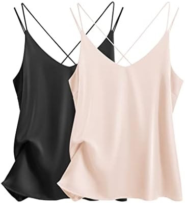 Ekouaer Womens 2-Pack Silk Satin Camisole Tank Top V Neck Sexy Cross Back Spaghetti Strap Cami Sl... | Amazon (US)