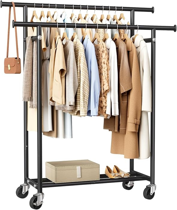 HYSEYY Clothes Rack, Double Rods Rolling Clothing Rack for Hanging Clothes, Portable Garment Rack... | Amazon (US)