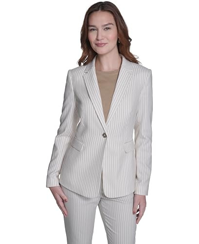 Tommy Hilfiger Women's Pinstripe Puff Sleeve Blazer, Ivory/Tannin, 10 | Amazon (US)