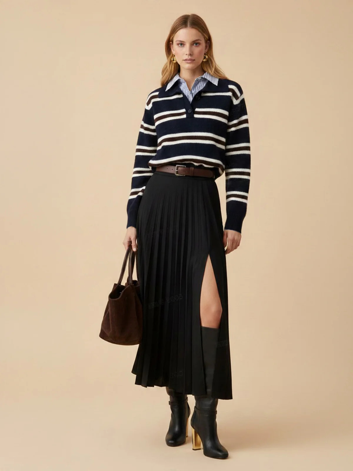 Shirt Panel Striped Polo Knit Sweater | Commense