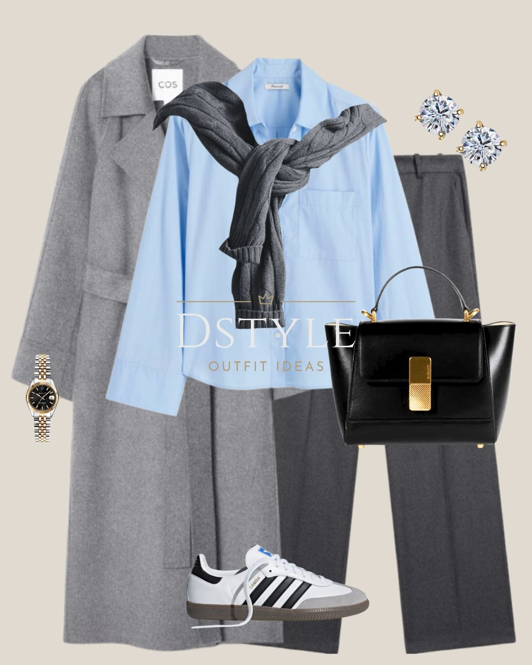 The perfect blend of timeless pieces! A crisp light blue shirt layered under a draped grey sweater and a long wool coat is effortlessly chic. The final polish comes from the accessories: the comfortable Adidas Samba sneakers and this absolutely stunning black top-handle bag with that gorgeous gold hardware detail. It's the perfect mix of high-low! 

 #workwear #classiclaundering #blueandgrey #draping #blackbag #tophandlebag #AdidasSamba #sneakerstyle #effortlesschic #ltkfashion #officeootd #LTKootd #LTKWorkwear