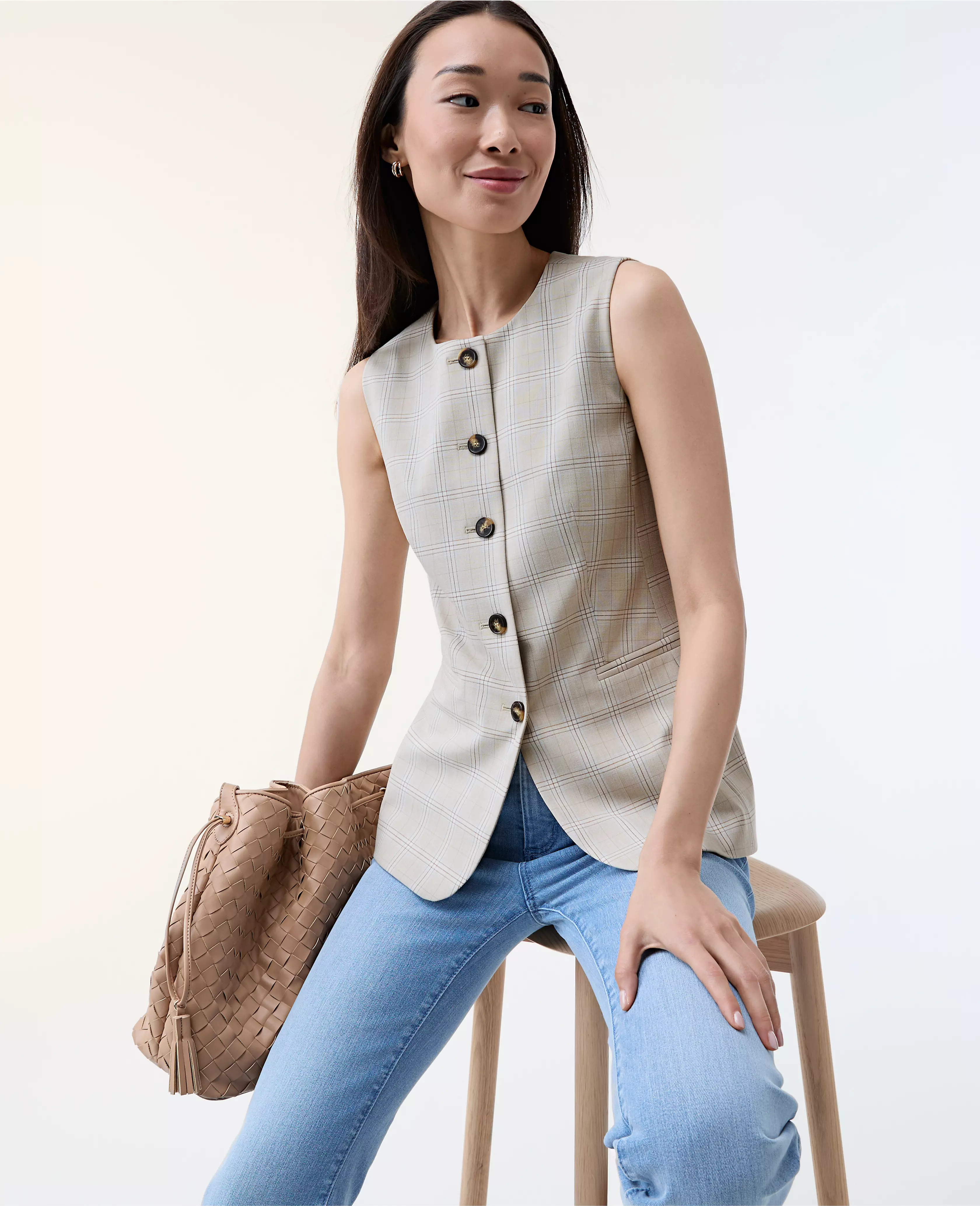 The Petite Long Crew Neck Vest in Plaid | Ann Taylor