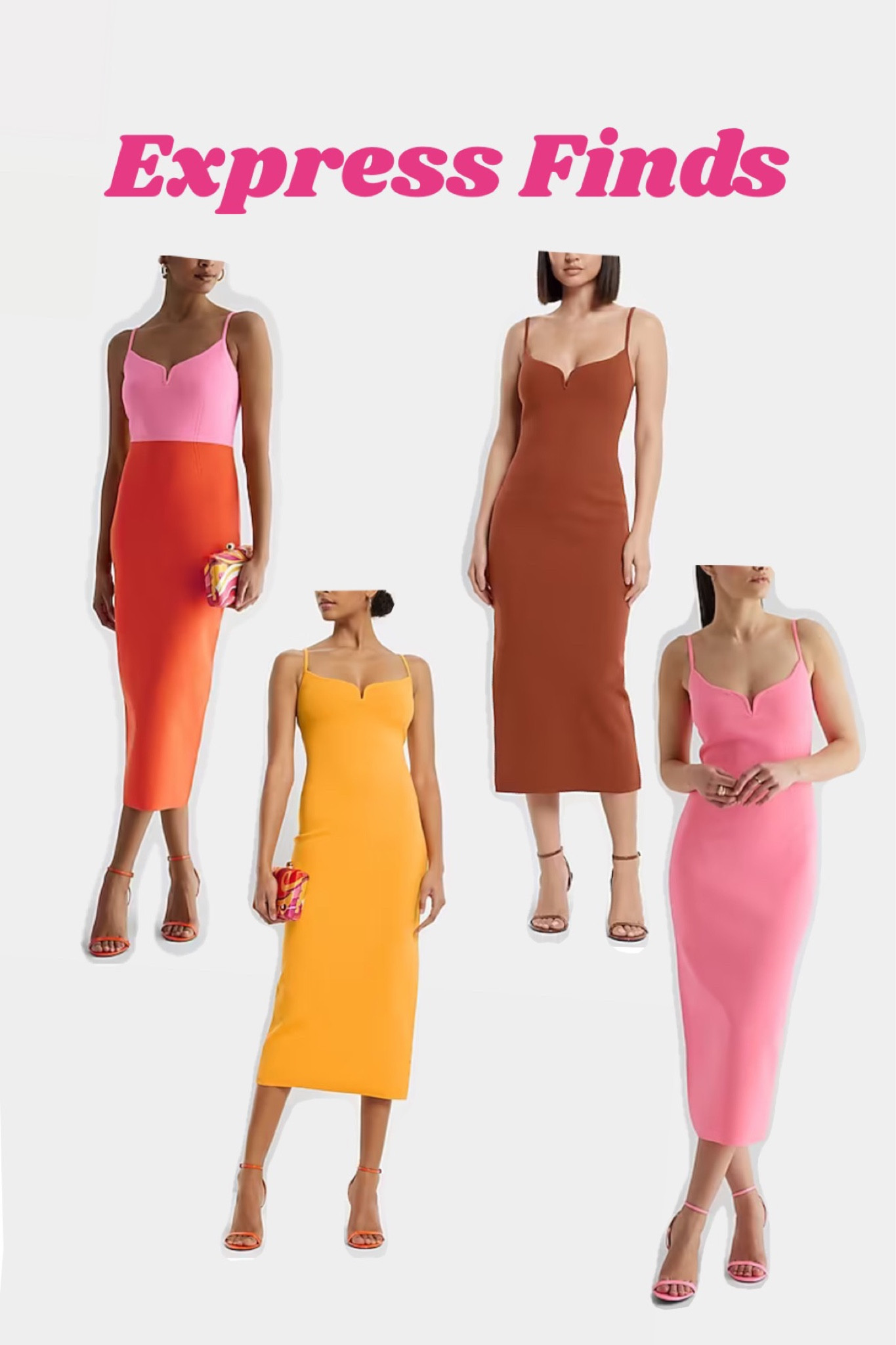 Loving these body con dresses!!! So gorgeous. 

Express dress fashion finds summer spring fall, dress finds body con body contour v-neck, flattering, sexy, elegant trendy chic, fashion, plus size, curvy, brown, nude, pink, zara h&m orange color block, skims in style sweater dress, V-neck spaghetti strap midi dress maxi dress date night’s night out girls night out 