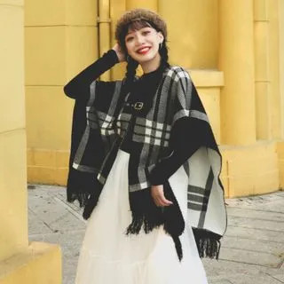 Reversible Fringed Buckled Plaid Shawl Black & White - One Size | YesStyle Global