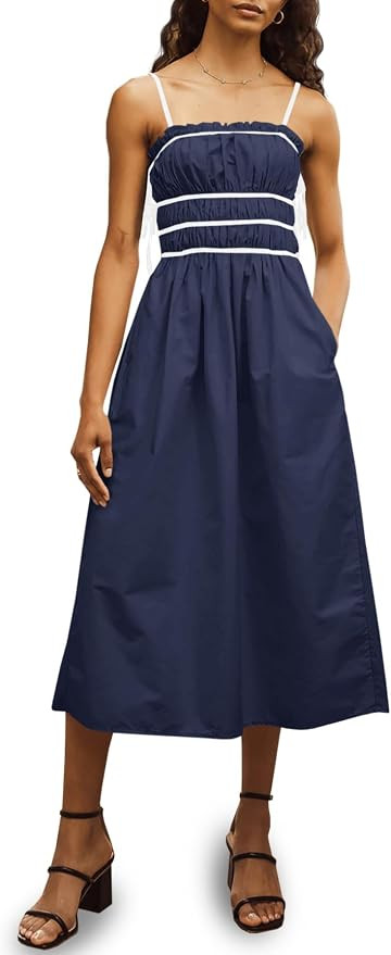Wenrine Womens Summer Spaghetti Strap Midi Dress Sleeveless Tie Strap Contrast Color Casual Smock... | Amazon (US)