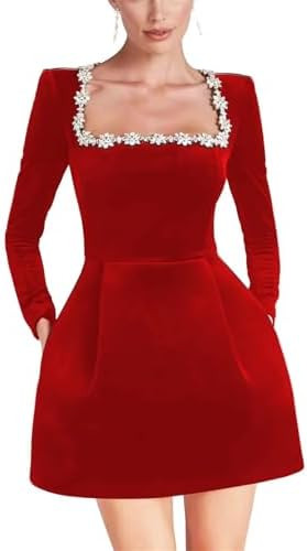 Crystal Square Neck Wedding Dresses for Brides Long Sleeve Velvet Short Bridal Gowns with Pockets | Amazon (US)