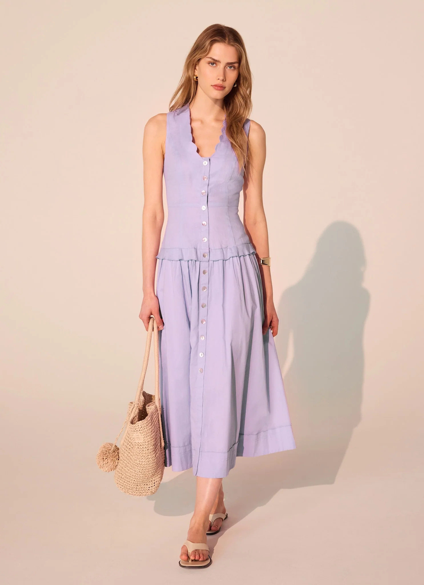 Lilac Ramie Drop Waist Midi Dress | Mint Velvet