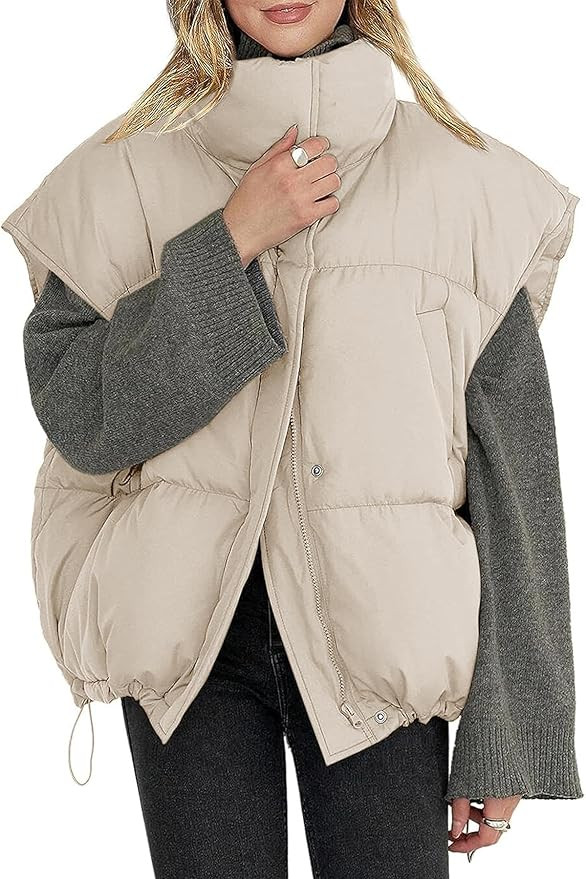 Veatzaer Womens Oversized Puffer Vest Outerwear Stand Collar Drawstring Hem Sleeveless Jackets Zi... | Amazon (US)