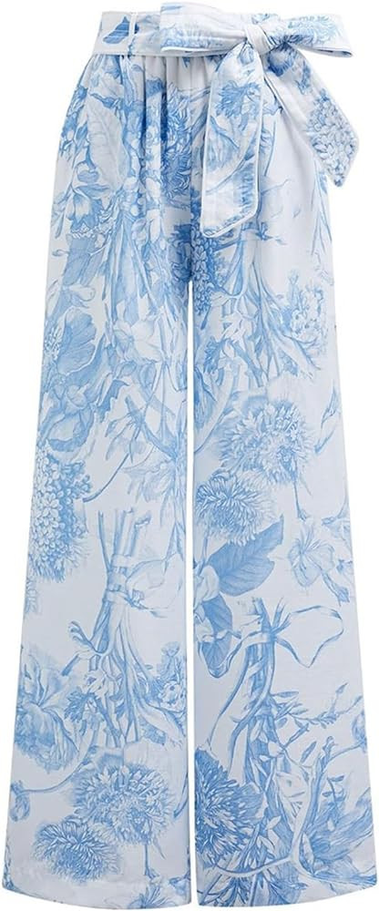 CHICWISH Women Wide Leg Pants Floral Printed High Elastic Waist Belted Summer Casual Long Trouser... | Amazon (US)