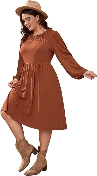 SheIn Women's Plus Size Long Sleeve Hidden Pocket Casual A Line Midi Swing Dress | Amazon (US)