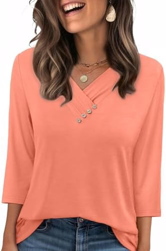 Sampeel Women's V Neck 3/4 Length Sleeve Button Down Shirt | Amazon (US)