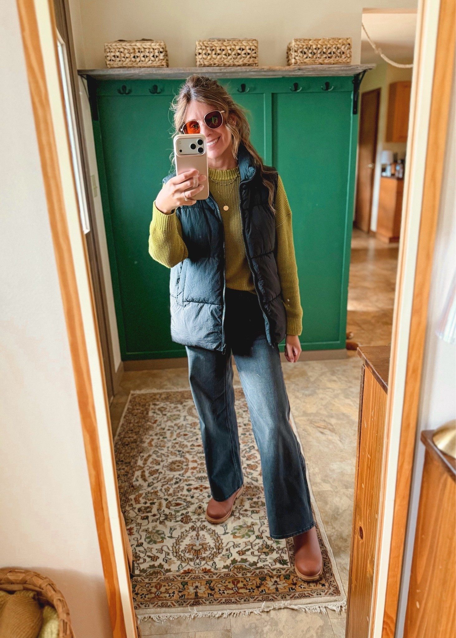 Love a cotton sweater outfit 💚

small petite in my sweater, 24 in short (28” inseam) in my jeans and 6 in my boots, and small in my puffer vest (also linked similar).
