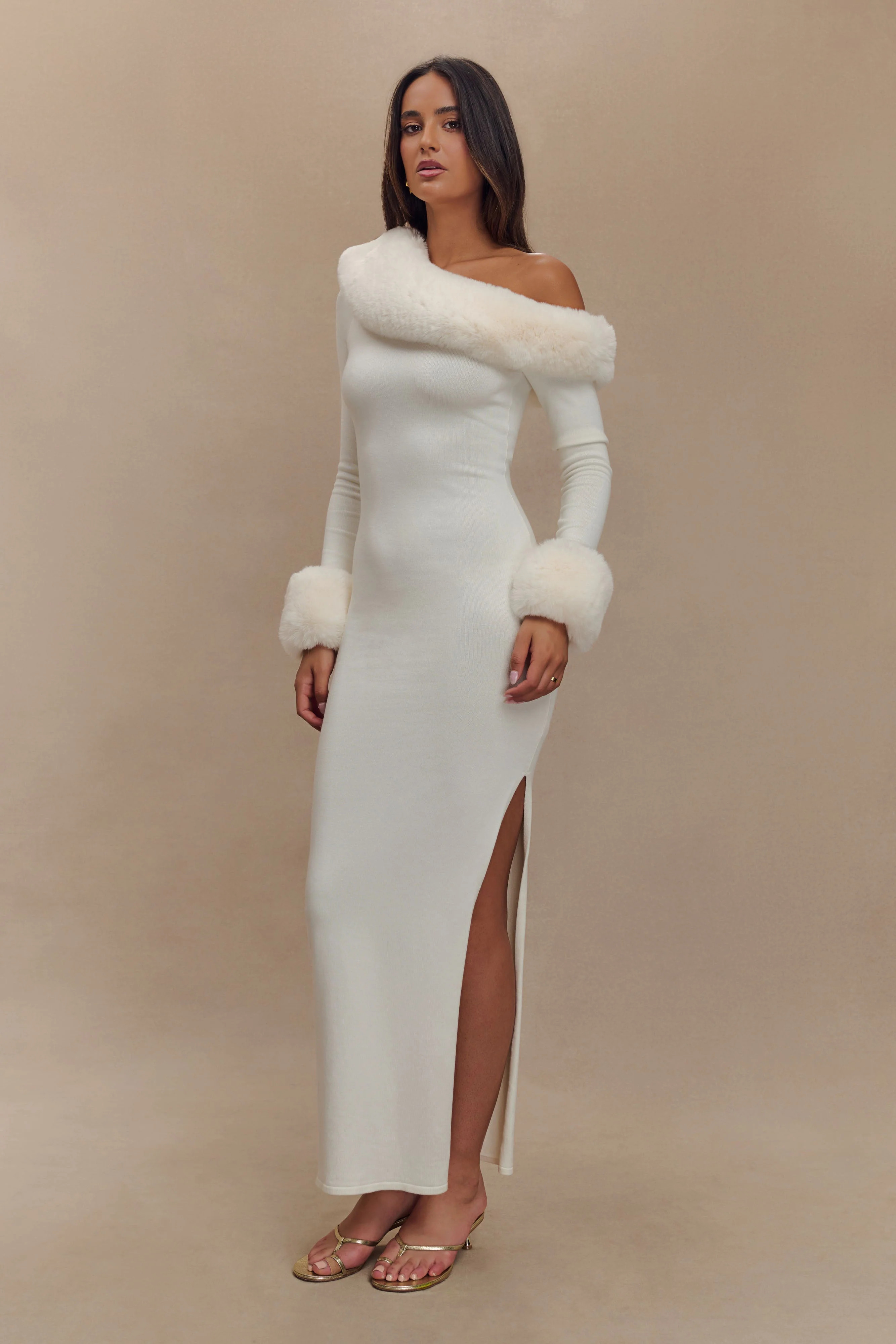 Karleigh Faux Fur Knit Maxi Dress - Ivory | MESHKI US