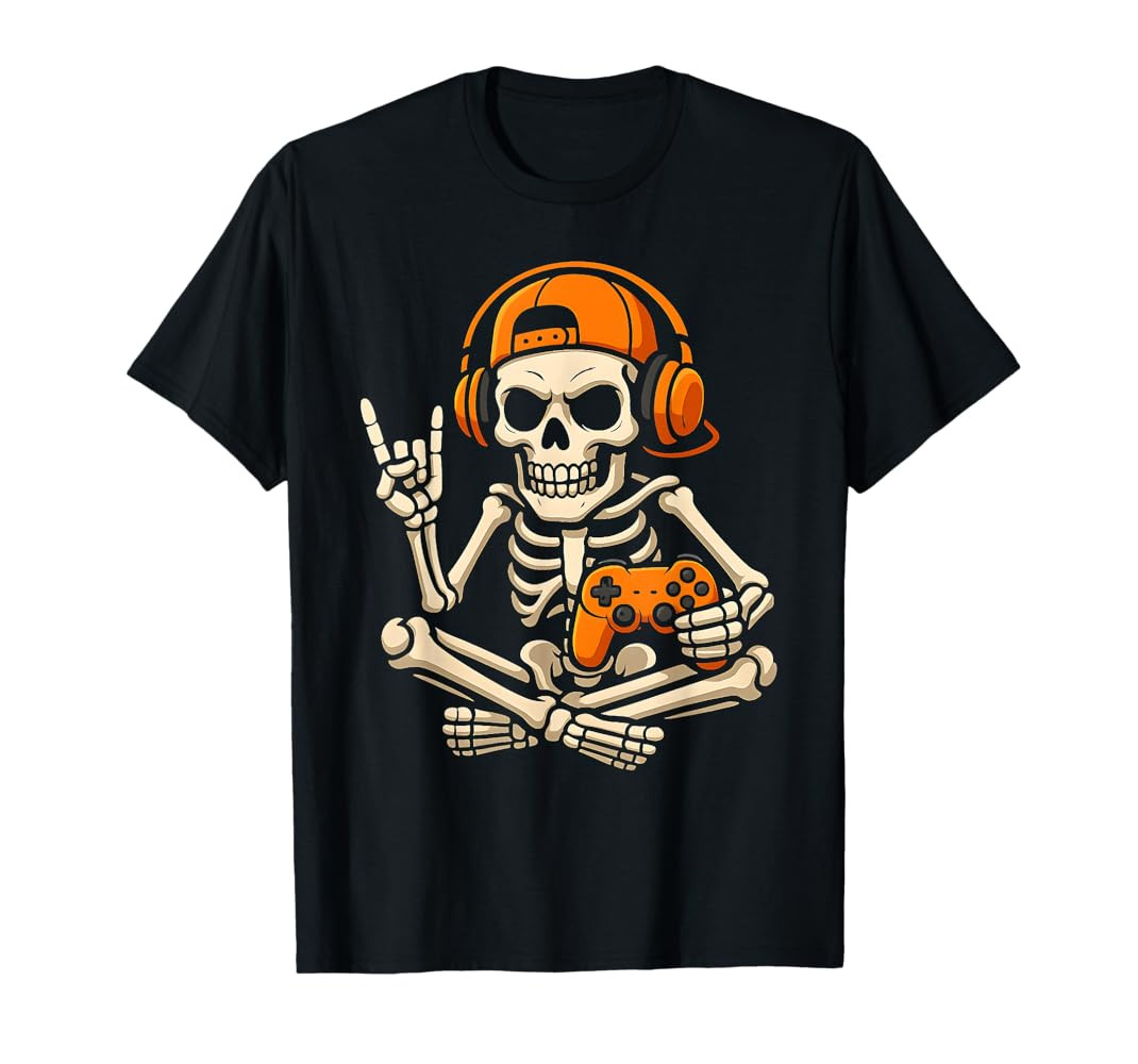 Halloween Skeleton Gamer Video Gaming Teenage Boys Men Kids T-Shirt | Amazon (US)