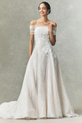 Jenny by Jenny Yoo Carmella Off-Shoulder Appliqué Lace A-Line Wedding Gown | Anthropologie (US)