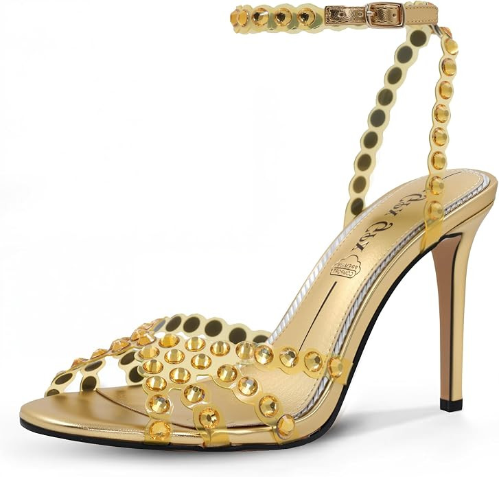 Rhinestone Sandals for Women High Clear Strappy Buckle Stiletto Heels Round Toe Sexy Dressy Sanda... | Amazon (US)