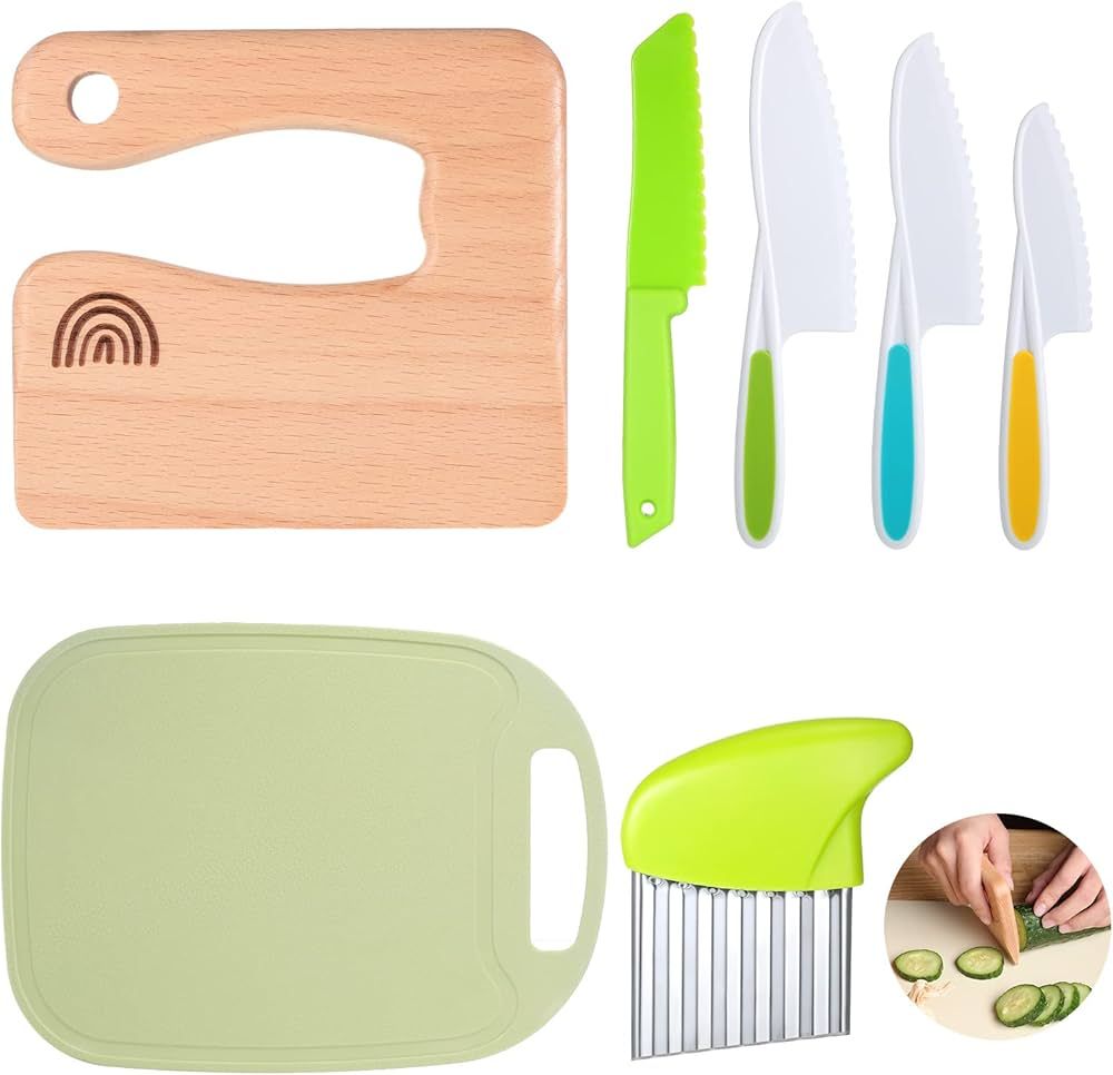 7 Pieces Wood Kids Kitchen Knife Toddler Knife Set Includes Wooden Kids Knife Serrated Edges Plas... | Amazon (US)