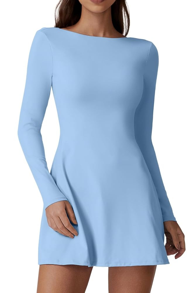 QINSEN Women's Open Back Tennis Dress Long Sleeve Built in Shorts Golf Athletic Dress with Pocket... | Amazon (US)