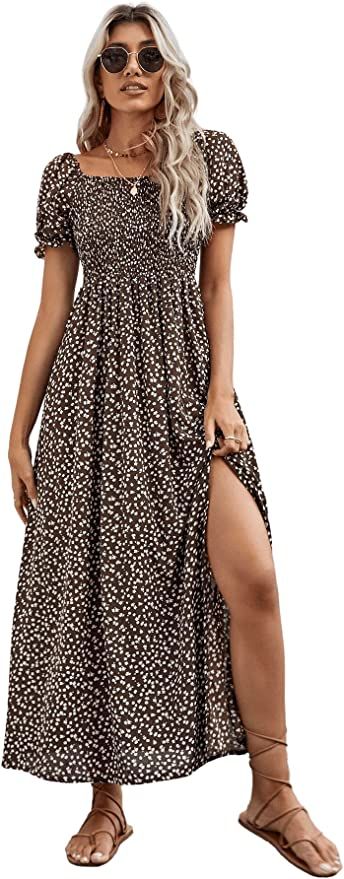 SweatyRocks Women's Ditsy Floral Split Thigh Maxi Dress Puff Sleeve Shirred Bodice Long Dresses B... | Amazon (US)