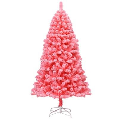 Tangkula Pink Christmas Tree 6.5 Ft Xmas Decoration Tree w/ 884 Snow Flocked PVC Tips & Metal Stand | Target