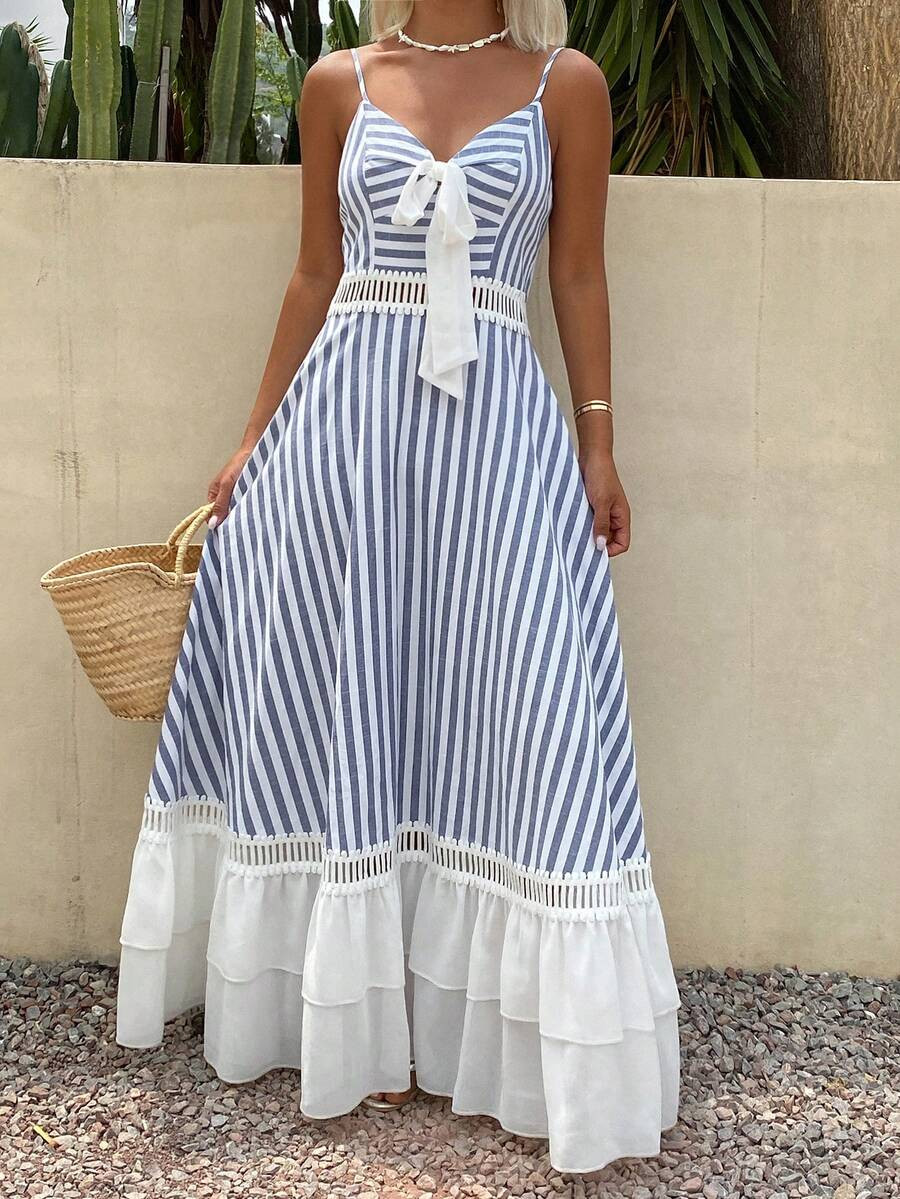 Livesso Women's Vacation Casual Striped Patchwork Ruffle Hem Dress Summer Sundress | SHEIN
