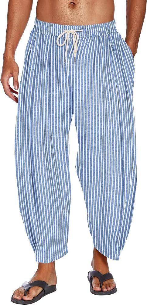 COOFANDY Men's Cotton Linen Harem Pants Drawstring Casual Cropped Trousers Lightweight Loose Beac... | Amazon (US)