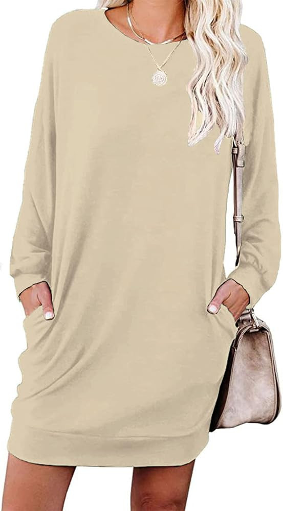LuckyMore Womens Long Sleeve Crewneck Sweatshirt Tunic Tops Casual Lightweight Sweatshirt Dress w... | Amazon (US)