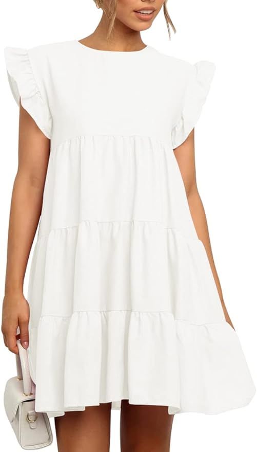 IHOT Women Babydoll Summer Casual Crew Neck Ruffle Sleeve Sleeveless Flowy Mini Short Tunic Dress | Amazon (US)