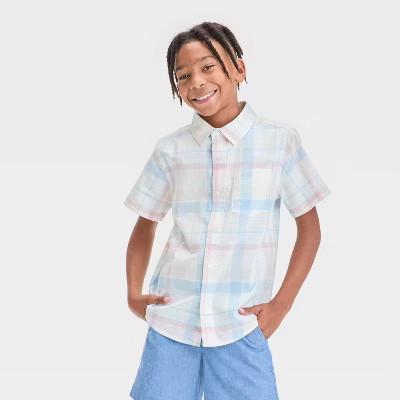 Boys' Short Sleeve Plaid Poplin Button-Down Shirt - Cat & Jack™ | Target