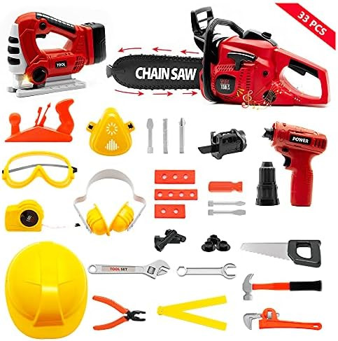 SMTAEMFB Kids Tool Set with Electric Toy Chainsaw Jigsaw Drill Handsaw Pretend Play Construction ... | Amazon (US)