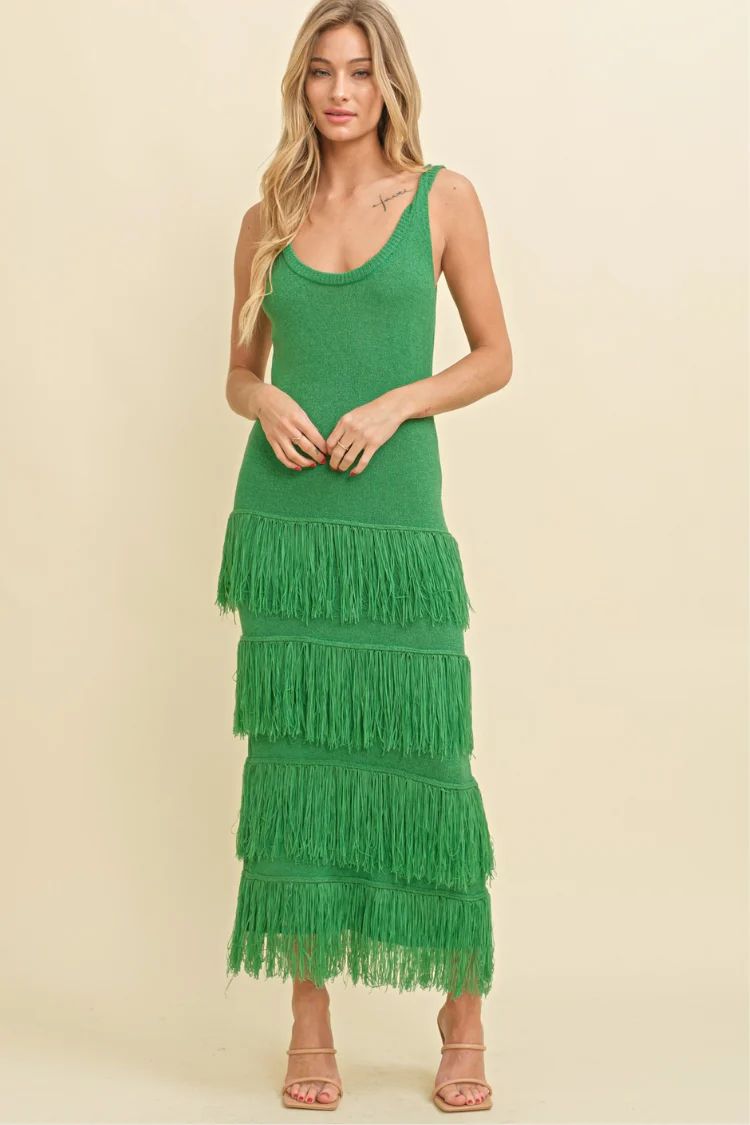 Ischia Green Knit Fringe Maxi Dress | Confête
