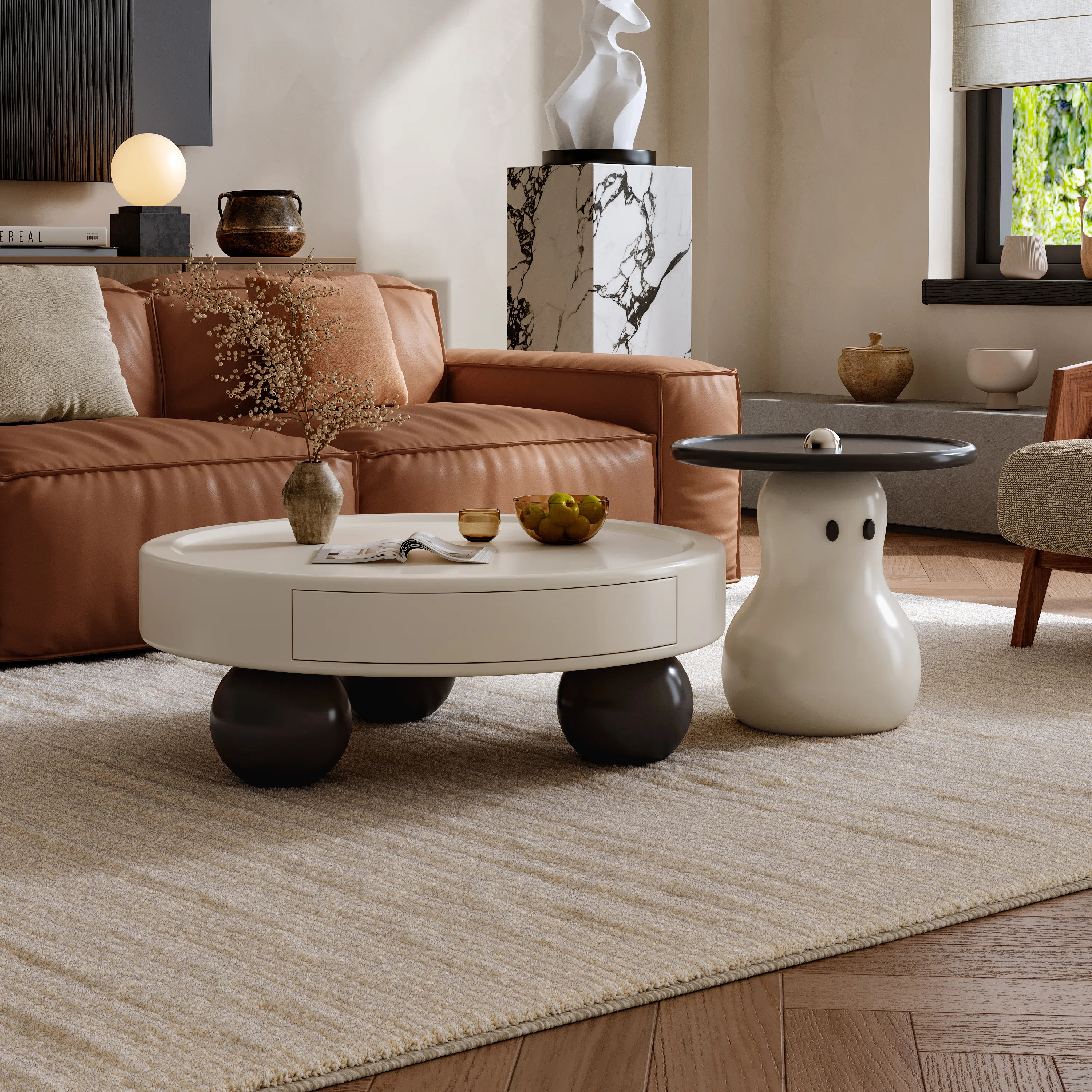 Euharlee Cute Cream Coffee Table Set with Drawer Storage, Round Center & Side Tables for Living R... | Wayfair North America