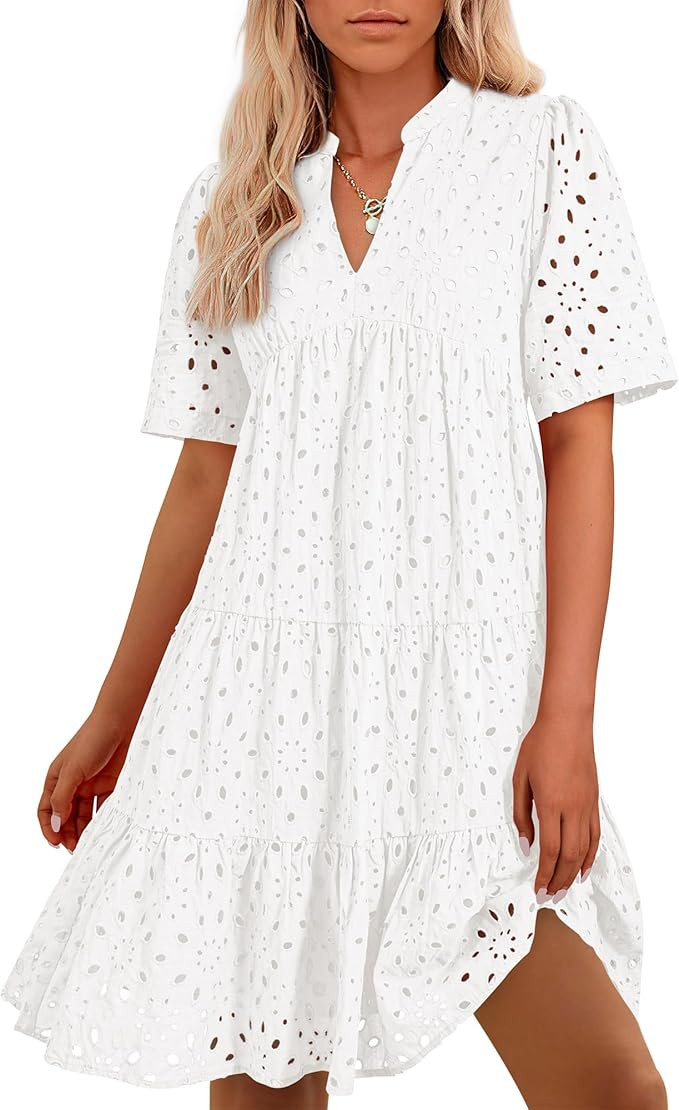 BTFBM Womens Boho Summer Dresses 2026 Spring V Neck Short Sleeve Hollow Out Lace Ruffle Casual Be... | Amazon (US)