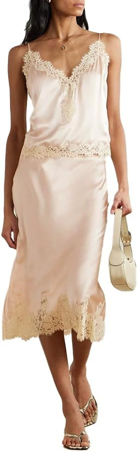 THLAI Casual Women 2 Piece Skirt Sets Lace-Trimmed Spaghetti Strap Top & Midi Skirt Loungewear Se... | Amazon (US)