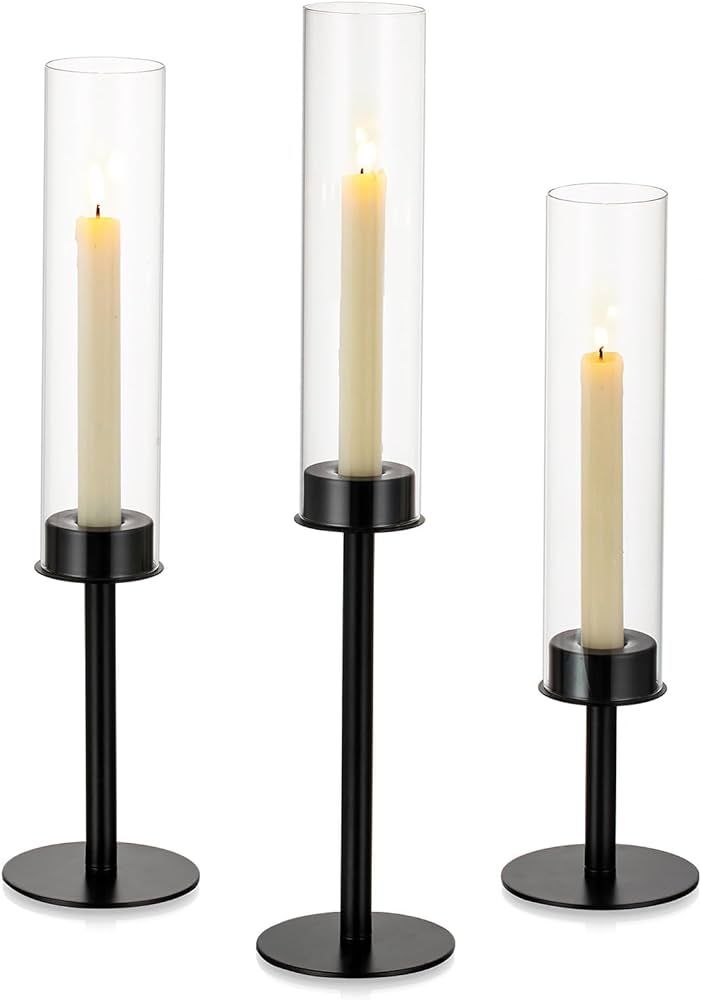 NUPTIO Black Candlestick Holders for Centerpiece: 3 Pcs Hurricane Taper Holder with Windproof Gla... | Amazon (US)