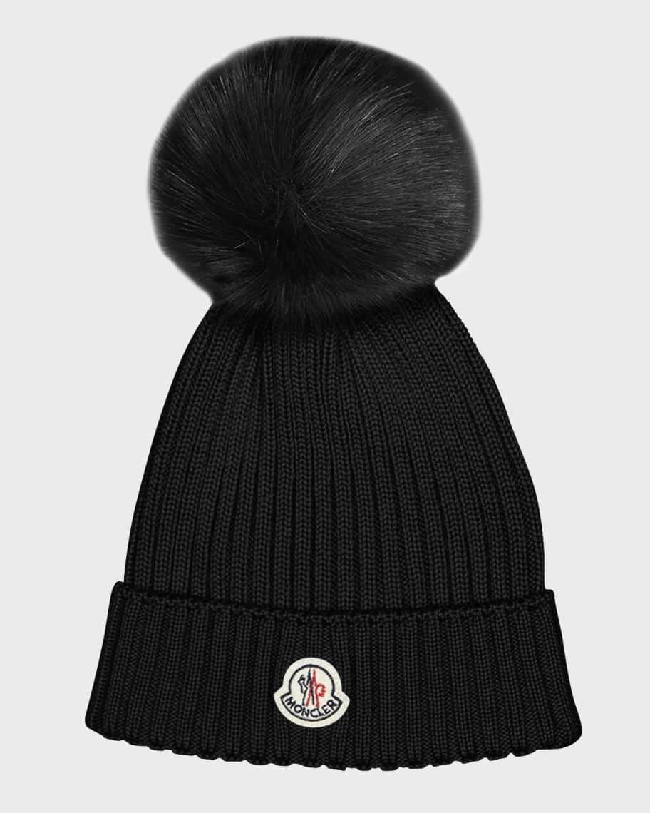 Moncler Girl's Ribbed Wool Beanie W/ Faux Fur Pompom | Neiman Marcus