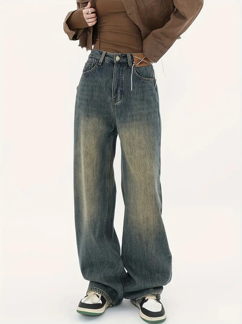 Blue Loose Fit Straight Jeans, Retro Style Slash Pockets Street Baggy Denim Pants, Women's Denim ... | Temu Affiliate Program