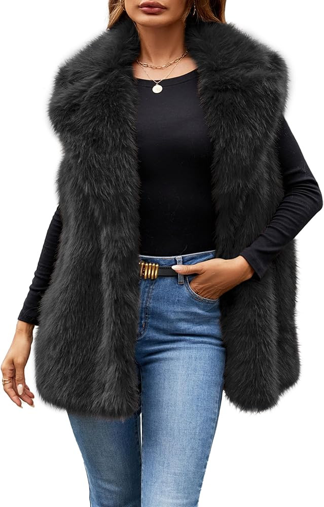 Simplee Women's Faux Fur Vest Coat Sleeveless Furry Jacket Warm Open Front Fur Vests | Amazon (US)