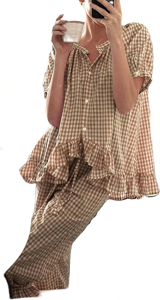 KMBANGI Women Y2K Plaid Pajama Sets Ruffle Hem Gingham Short Sleeve Shirt High Waist Bell Bottom ... | Amazon (US)