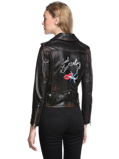 SAINT LAURENT, Printed distressed nappa leather jacket, Black, Luisaviaroma | Luisaviaroma
