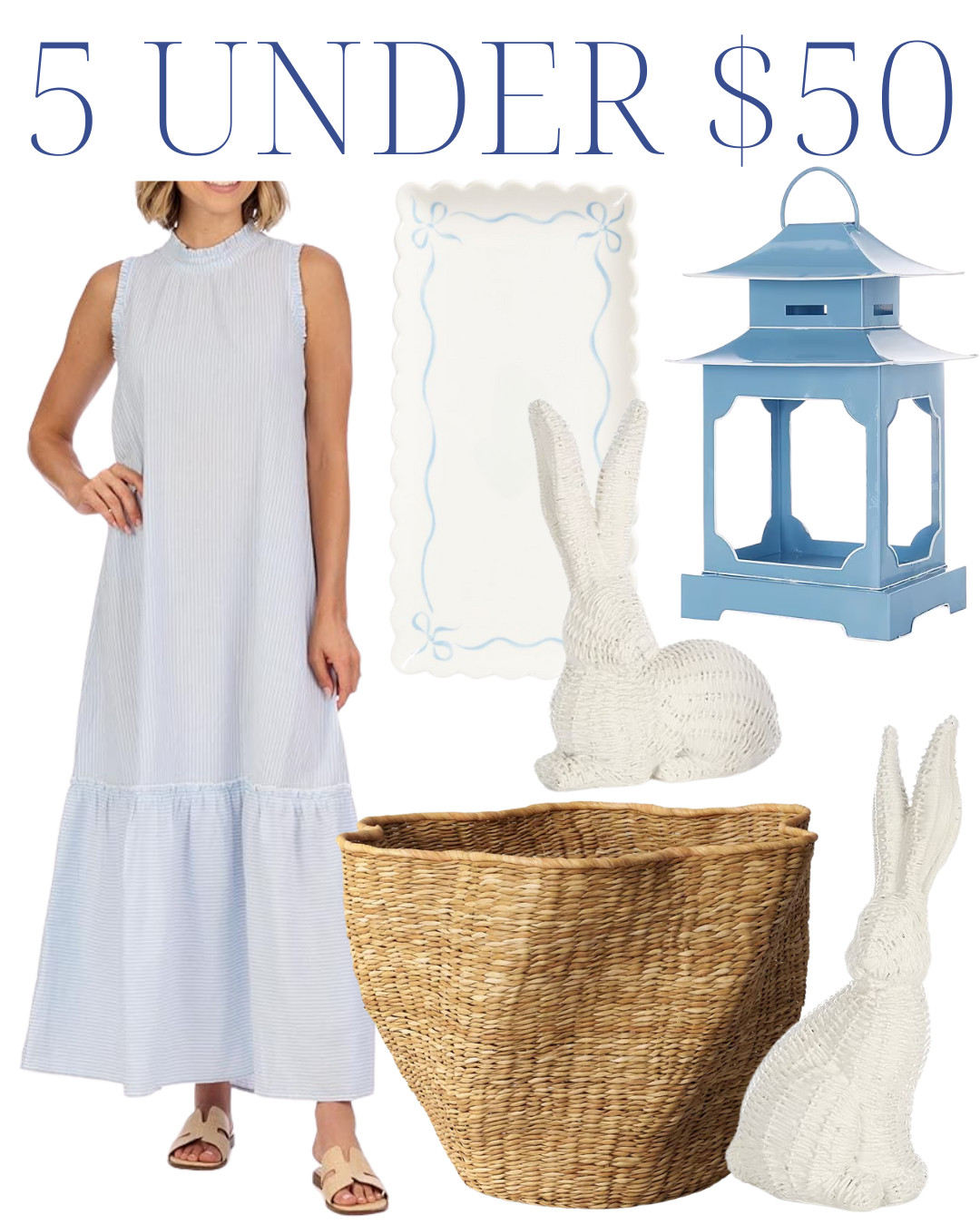 spring style, spring decor, Easter decor, scalloped basket, woven bunnies, blue and white dress, bow tray  

 #LTKSeasonal #LTKHome #LTKFindsUnder50