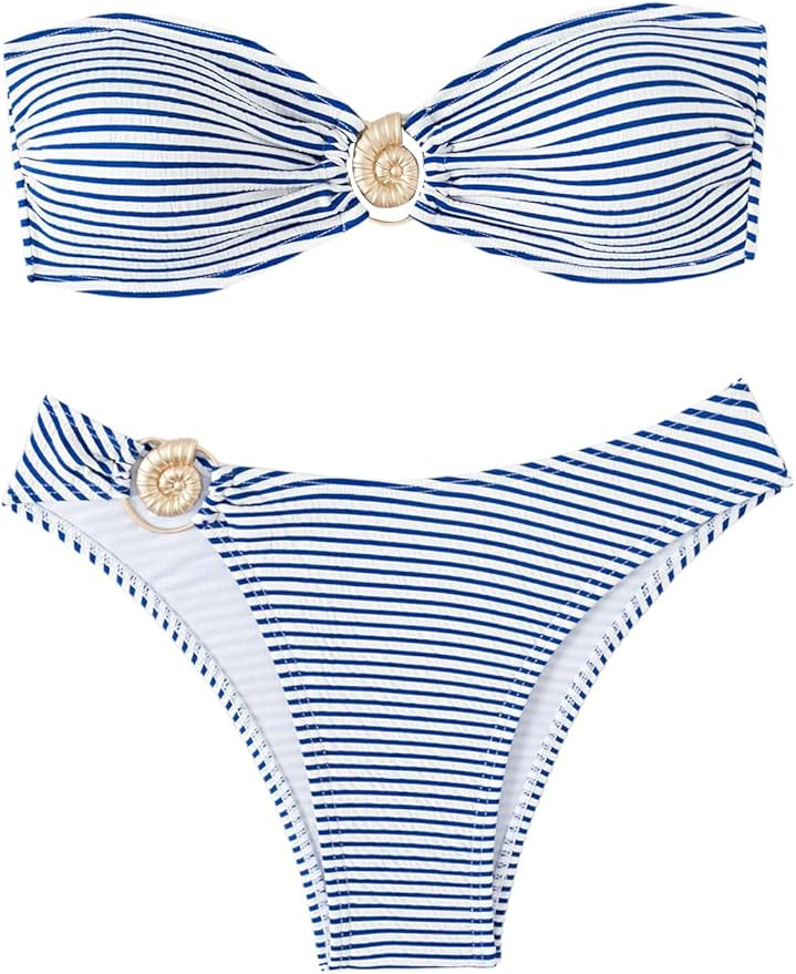 Women's 2 Piece Strapless Striped Bikini Sets Tie Backless Bandeau Bra Bathing Suit Boho Swimsuit | Amazon (US)